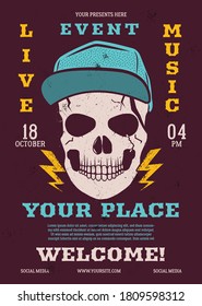 Live event music vector flyer, music poster background template with trendy skull head. Rock N Roll background. Vector design illustration