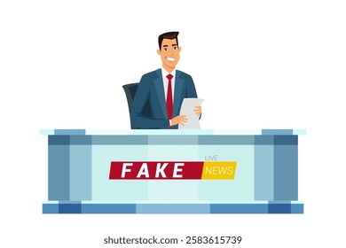 Live fake news flat vector illustration. Man journalist in TV studio. Television news program presenter cartoon male character. Broadcast announcing.