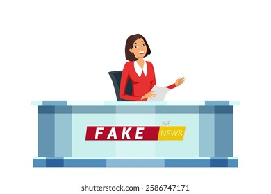 Live fake news flat vector illustration. Woman journalist in TV studio. Television news program presenter cartoon female character. Broadcast announcing.