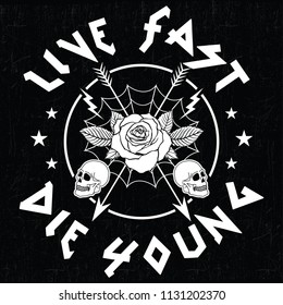 Live fast die young slogan fashion patch, rose with leaves, fashion patches, badges  typography, t-shirt graphics, vectors