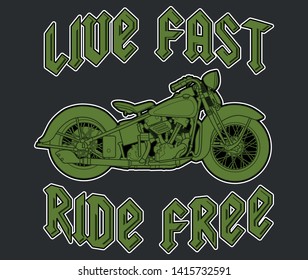 Live Fast, Ride Free, Green, black and white Motorcycle t- shirt design, logo design, vector art