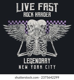 Live Fast Rock Hard slogan with skull, bone and wings on black background with rock style for women fashion t shirt print design 