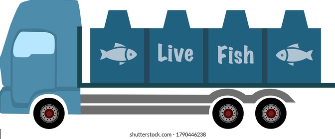 Live fish transport machine. Truck with containers for fry or fresh trout, salmon, carp to the farm. Aquaculture equipment. Vector illustration with white background.