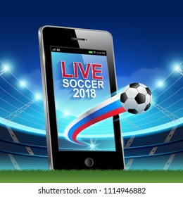 Live football and soccer online on mobile phone and graphic russia flag on stadium background vector illustration