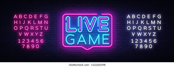 Live Game neon sign vector. Live Game design template neon sign, light banner, neon signboard, nightly bright advertising, light inscription. Vector illustration. Editing text neon sign