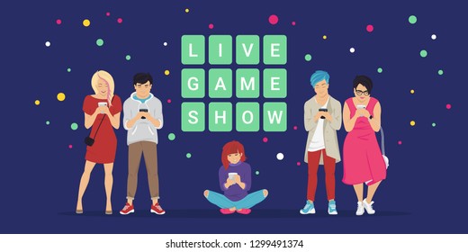 Live game show mobile app concept flat vector illustration of online quiz. Group of teenagers using mobile smartphone app answering trivia questions and solving words to win cash prizes.