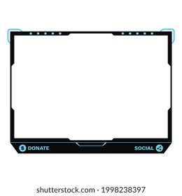 Live-Spiel Streaming Overlay mit dunkelschwarzer Farbe. Stilvolles Livebild-Overlay-Frame. Bildschirm-Overlay für Live-Streamer.  Dunkelschwarze Farbüberlagsrahmen mit einem blauen Spenderknopf.
