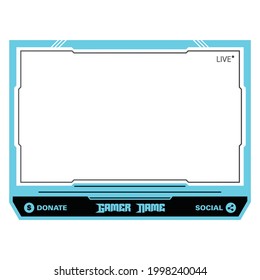 Live game streaming overlay with dark black and light blue color shade. Stylish live streaming overlay frame. Screen overlay for live streamers.  Dark black color overlay frame with donation buttons.