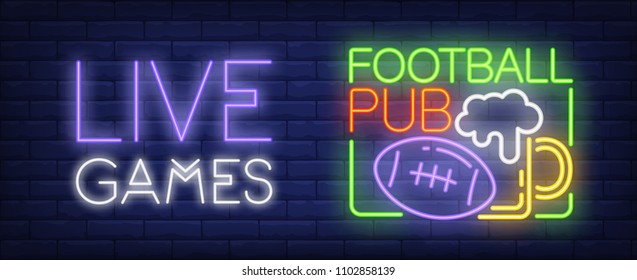 Live games neon sign. American football ball and beer mug. Vector illustration in neon style for football pub or sport bar