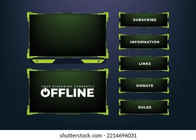 Live gaming overlay design with buttons and screen panels for online gamers. Gaming screen overlay decoration with futuristic shapes. Live streaming overlay vector with green and dark colors.