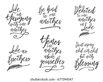 Live in harmony with one another, Love as brothers, be devoted to one another, be kind, honor one another, don't repay evil with evil, Biblical Typographic Art collection, 6 designs in set