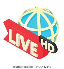 Vector isométrico del icono hd vivo. Inscripción de hd en vivo en el fondo de la cuadrícula del globo. Protector de pantalla, medios de comunicación, televisión