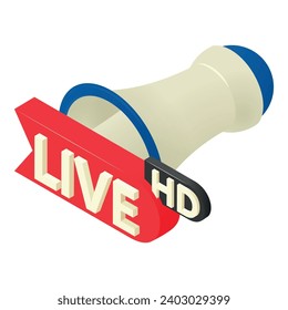 Vector isométrico del icono hd vivo. Icono de la inscripción en vivo de hd y altavoz al aire libre. Protector de pantalla, medios