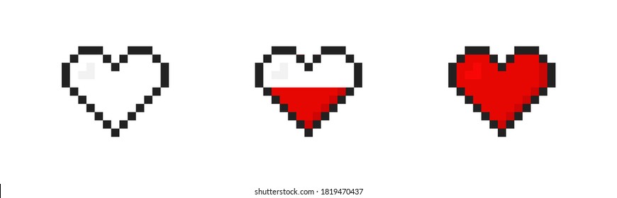 Live heart set pixel vector icon. 8 bit love. Retro game nubes. Cartoon illustration art design