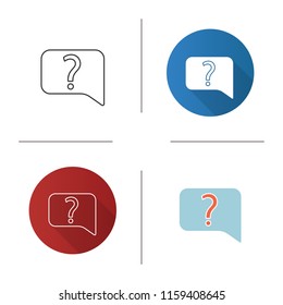 Live help chat icon. FAQ. Contact support. Discussion forum. Speech bubble with question mark. Flat design, linear and color styles. Isolated vector illustrations