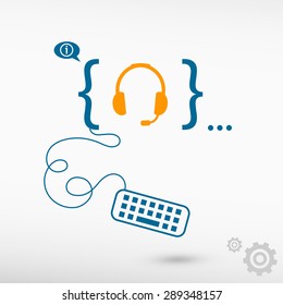 Live help sign and flat design elements. Design concept icons for application development, web design, creative process, social media, seo, web page coding and programming.