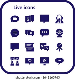 live icon set. 16 filled live icons.  Simple modern icons such as: Chat, News reporter, Web cam, Talk, News report