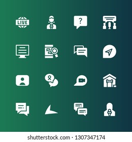 live icon set. Collection of 16 filled live icons included News reporter, Chat, Live drive, Dog house, Youtuber, Chatting, Blog,