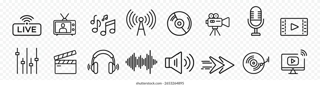 Live icon set, Live telecast icons, Multimedia and sound technology line icons including music, audio wave, speaker, podcast, video, recording and transmission