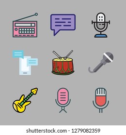 live icon set. vector set about microphone, radio, electric guitar and drum icons set.