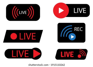 Live icons on black background. Online stream sign. Internet broadcast.  Live webinar button. Stock image. EPS 10.