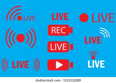 Live icons. Live webinar button. Template media player. Internet broadcast. Online stream sign. Stock image. EPS 10.