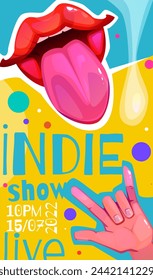 Live indie music show invitation. Poster for advertising rock band concert with lips, inscription and devil horn hand gesture. Cover for music festival or party. Cartoon flat vector illustration