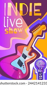 Live indie music show invitation. Bright punk cover for rock music festival with electric guitar, microphone and inscription. Poster for party or band concert. Cartoon flat vector illustration