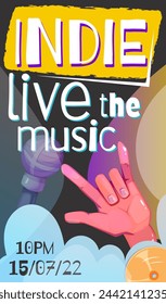 Live indie music show invitation. Bright poster with devil horn hand gesture and microphone for rock music concert or party. Cover for festival. Design for print. Cartoon flat vector illustration