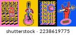Live indie music show or rock music concert or party poster set with electric guitar and devil horn hand gesture and bright colored typography composition. Vector illustration
