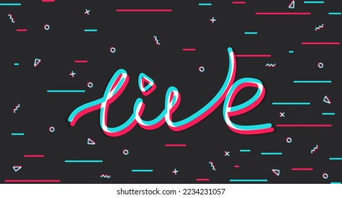 Live. Live inscription. Live broadcast, online broadcasting. Glitch background. Vector illustration