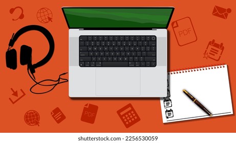Live, Instructor-Led-Online-Schulung, originelle Konzeption für das Original-Training, offene Laptop-Kopfhörer auf dem Tisch Original-Vision für das Online-Lernen	