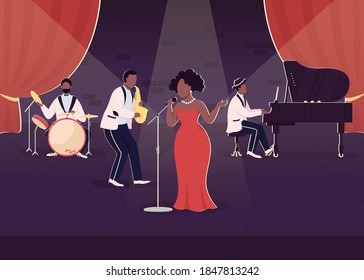 Live jazz band concert flat color vector illustration. Performance with singer and musical instruments. Night show. African blues musicians 2D cartoon characters with stage on background