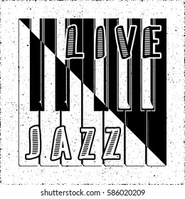 Live Jazz Calligraphy Illusion Logo Lettering with Piano Keys Yin Yang Style Composition and Grunge Effect - Black Elements on White Background - Flat Contrast Graphic Design