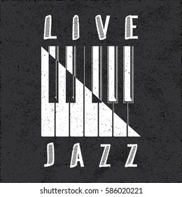 Live Jazz Calligraphy Illusion Logo Lettering with Piano Keys Yin Yang Style Composition and Grunge Effect - White Elements on Black Rough Paper Background - Flat Contrast Graphic Design