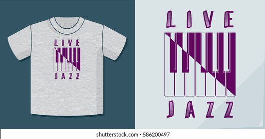 Live Jazz Calligraphy Illusion Logo Lettering and Piano Keys Composition with Application Example on T-Shirt Vector Template - Purple Elements on Heather Grey Background - Yin Yang Graphic Design