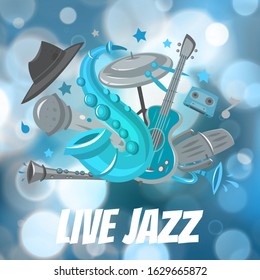 Live Jazz festival and Jazz music party vector poster illustration with saxsophone, drum and guitar on blur bokeh backdrop. Cartoon sax, retro musical cassette and jazz drum.