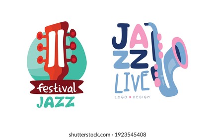 Plantillas de diseño de logotipos de jazz en vivo, concierto en directo, ilustración de vectores de dibujos animados de etiquetas de festivales musicales
