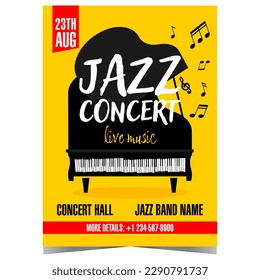 Live jazz music concert banner or poster with black grand piano and musical notes on yellow background. Promo invitation, leaflet or flyer for jazz music concert or festival. Vector illustration.