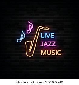 Live Jazz Music Night Neon Signs Vector. 