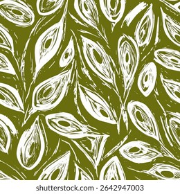 Live leaves in white on an emerald green background, on linen fabric print pattern, cotton, silk, vector illustration, doodle summer, kids and baby designs for print fabric.