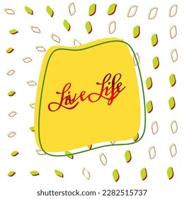 Logo de texto de forma de vida viva hecho de un elemento de diseño vector en un fondo con hojas verdes