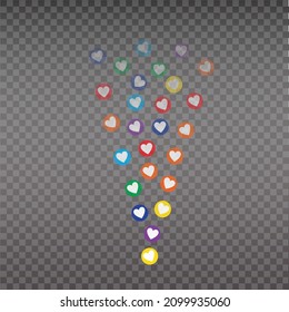 Live like, flying color hearts for stream. Live video and flying likes. Social media elements falling