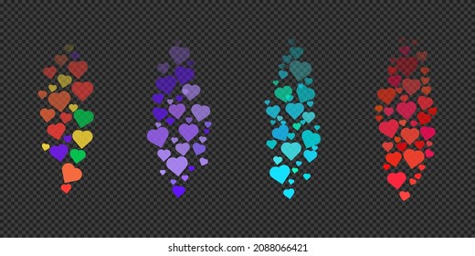 Live like stream social media reactions. Set of colorful vector flying away hearts for chat or online video feedback on transparent background. Web ui, app elements. Floating symbols of different size