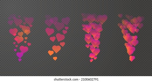 Live like stream social media reactions. Set of gradient vector flying away hearts for online video feedback or chat on transparent background. Web ui, app elements. Floating symbols of different size