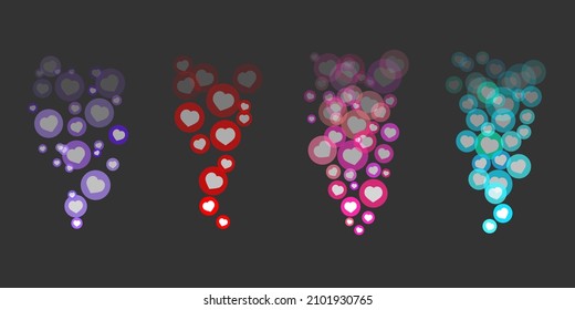 Live like stream social network reactions. Set of colorful vector hearts in circles flying away for chat or online video feedback on transparent background. Web ui elements. Floating symbols