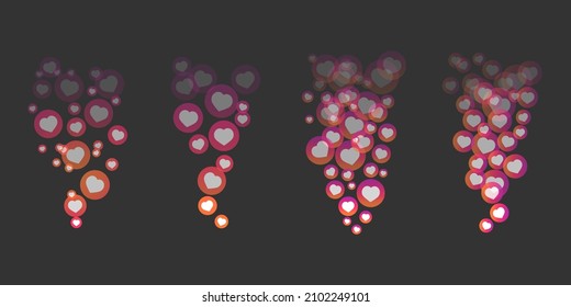 Live like stream social network reactions. Set of pink and white vector hearts in circles flying away for chat or online video feedback on transparent background. Web ui elements. Floating symbols