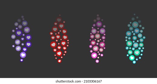 Live like stream social network reactions. Set of colorful vector hearts in circles flying away and fading for chat or online video feedback on dark background. Web ui elements. Floating symbols