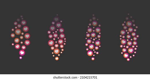 Live like stream social network reactions. Set of pink and white vector hearts in circles flying away and fading for chat or online video feedback on transparent background. Web ui floating symbols