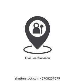 Icono de Locación en vivo con pin de mapa, persona y flecha ascendente, que representa el seguimiento en tiempo real, la navegación GPS y el movimiento del usuario